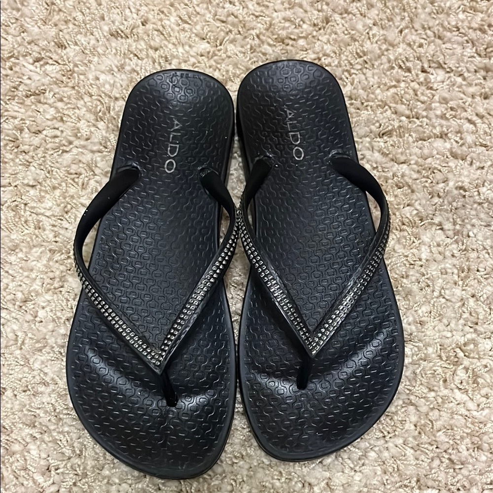 Aldo Black Flip Flops with Rhinestone Detail